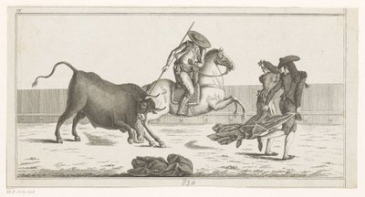 Picador kastar sin lans i en tjur Coleccion de las principales suertes de una corrida de toros (serietitel på objekt) Samling av de viktigaste manövrarna inom tjurfäktning (serietitel) av Anonymous