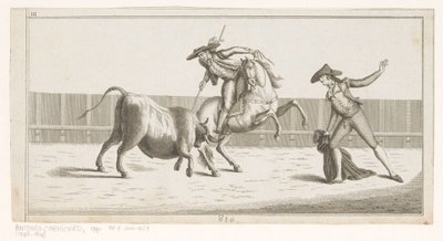 Picador sticker sin lans i en tjur Coleccion de las principales suertes de una corrida de toros (serietitel på objekt) Samling av de viktigaste tjurfäktningsmanövrarna (serietitel) av Anonymous
