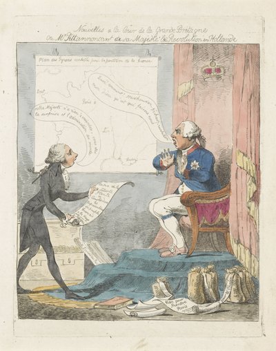Pitt medför George III det nya över de revolutie i Nederland, 1795 Nyheter vid domstolen i Storbritannien eller Mr. Pitt som tillkännager för hans majestät revolutionen i Holland (titel på objekt) av Anonymous