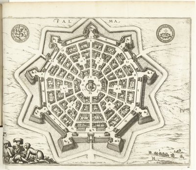 Plattegrond av Palmanova, 1726 Palma (titel på objekt) The Forces of Europe, Asia, Africa and America (...) Liksom kartorna över Frankrikes och Spaniens kuster (serietitel på objekt) av Anonymous