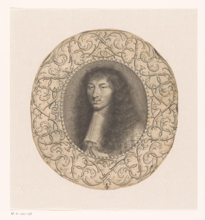 Porträtt av Ludvig XIV omgiven av en dekorativ ram med arabesker av Anonymous