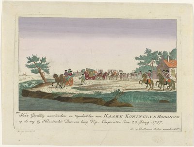 Prinsessan av Orange hölls i Goejanverwellesluis, 1787 Den stora attacken och stopp av Haare Koninglyk Hooghied på vägen nära Haastrecht Av en hel del Vrij-Corporisten. den 28 juni 1787 (titel på objekt) Färgade tyska tryck om d av Anonymous