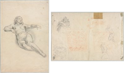 Liggande kvinnlig naken (recto); Olika skisser av figurer och växter (verso) av Anonymous