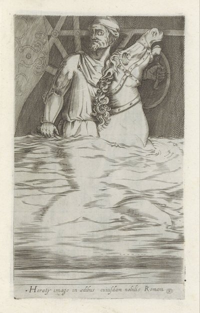 Reliëf van Horatius Cocles te paard die de Pont Sublicus in het water veridrt Horatys bild i huset av en romersk adelsman (titel på objekt) Antika skulpturer i Rom (serietitel) Av de antika statyerna av staden Rom som ses på offentliga platser i av Anonymous