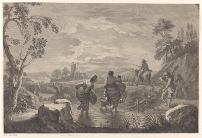 Flodlandskap med korsande figurer av Anonymous