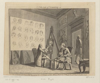 Målare bakom sitt staffli porträtterar en man The Art of Limning (titel på objekt) av Anonymous