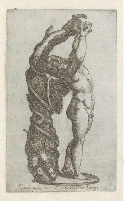 Sculptuur van Amor die druiven plukt Cupido puber i Io Baptiste Lugaris hus (titel på objekt) Antika skulpturer i Rom (serietitel) Ikoner av de antika statyerna av staden Rom som ses på offentliga platser (serietitel) av Anonymous