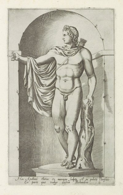 Skulptur av Apollon Apollo Belvedere Denna staty av Apollo ristades ur marmor i det påvliga palatset (...) (titel på objektet) Antika skulpturer i Rom (serietitel) Ikoner av de antika statyerna av staden Rom som ses på offentliga platser (serie t av Anonymous