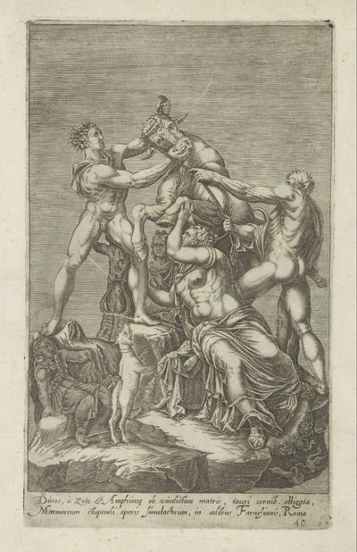Skulptur av Dirce som är bunden Farnese Stier Dirces, till Zeto och Amphion för sin mors hämnd (...) (titel på objekt) Antika skulpturer i Rom (serietitel) Ikoner av de gamla statyerna av staden Rom som ses på offentliga platser av Anonymous
