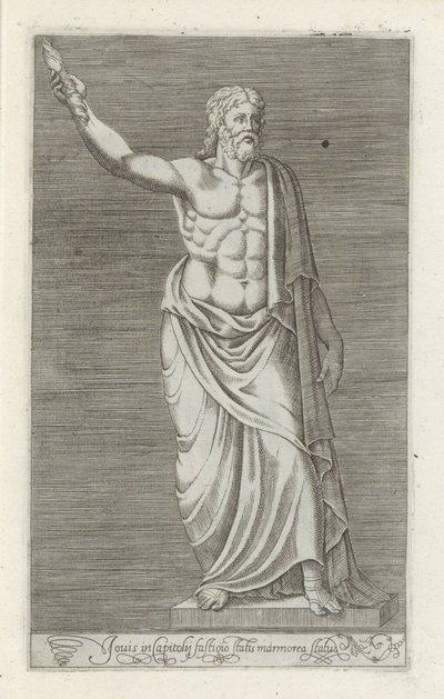 Skulptur av Jupiter En marmorstaty av Jupiter som står på toppen av Capitolium (titel på objekt) Antika skulpturer i Rom (serietitel) Ikoner av de antika statyerna av staden Rom som ses på offentliga platser (serietitel) av Anonymous