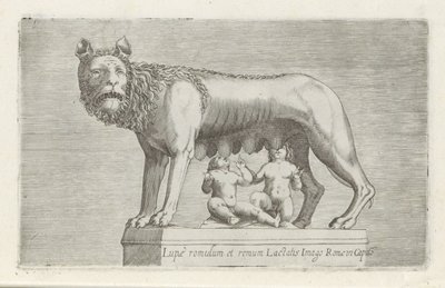 Sculptuur van de Lupa Capitolina die de tweeling Romulus en Remus zoogt Romulus och Remus ammar vargbilden av Rom i Capito (titel på objekt) Antika skulpturer i Rom (serietitel) Av de antika statyer av staden Rom som är att se på offentliga platser ic av Anonymous