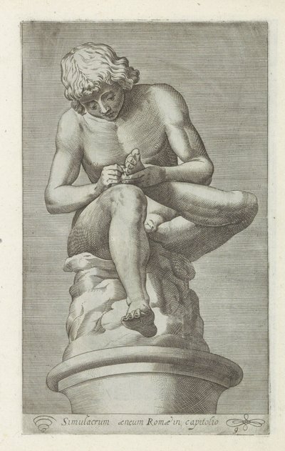 Skulptur av en jongen med en dörr i foten Ryggrad Brons simulacrum av Rom i huvudstaden (titel på objekt) Antika skulpturer i Rom (serietitel) Ikoner av de antika statyerna av staden Rom som ses på offentliga platser (serietitel) av Anonymous