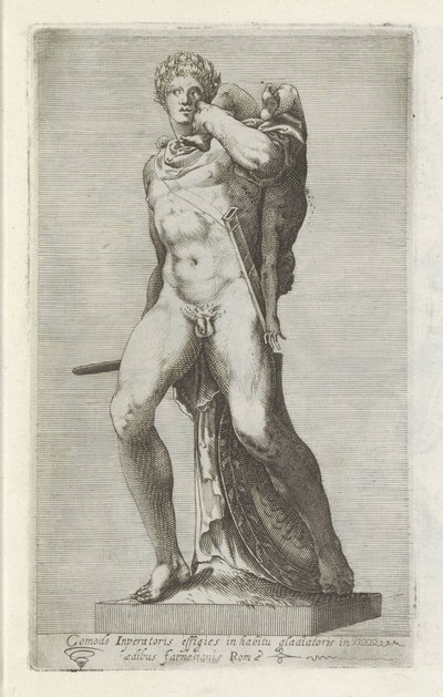 Skulptur av keizer Commodus är gladiator Ett bekvämt porträtt av kejsaren i en gladiators kostym (...) (titel på objekt) Antika skulpturer i Rom (serietitel) Ikoner av de antika statyerna av staden Rom som ses på offentliga platser (serietitel) av Anonymous