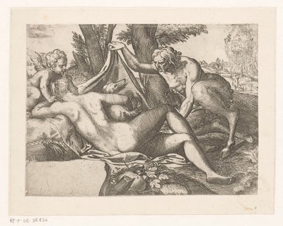 Sovande Venus spionerad av en satyr av Anonymous