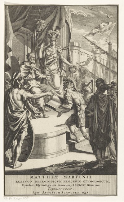 Soldat ger en bok till kungen Titelsida för: Matthias Martinius, Lexicon philologicum praecipuae etymologicum, 1697 av Anonymous