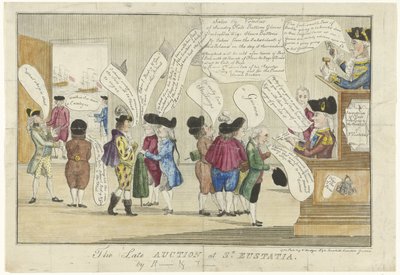 Tecknad film av engelsmännen på St. Eustatius, 1781 Den sena auktionen på St. Eustatia (titel på objekt) av Anonymous