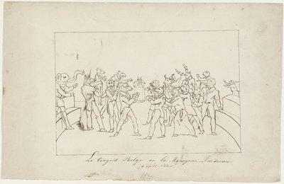 Tecknad serie som skildrar oenigheten i den belgiska nationalkongressen om valet av en kung, 1831 Le Congress Belge ou la Menagerie en désordre. (d