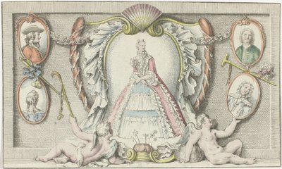 Stående kvinna, två putti och fyra medaljonger Utformar 1730-talet Mercure de France (serietitel) av Anonymous