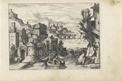 Stad vid en flod Landskap med figurer (serietitel) av Anonymous