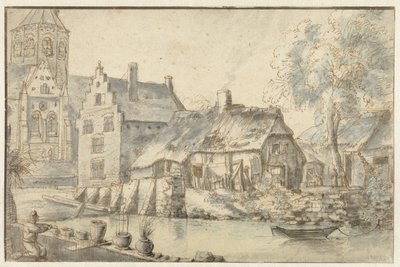 Stadsbild med en stor kyrka av Anonymous