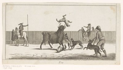 Tjur attackerad av hundar Coleccion de las principales suertes de una corrida de toros (serietitel på objekt) Samling av de viktigaste tjurfäktningsmanövrarna (serietitel) av Anonymous