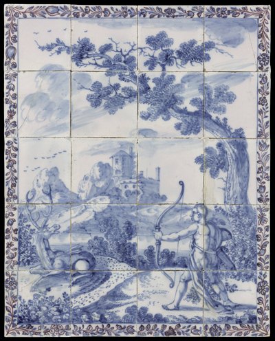 Tile Tableau med ett landskap med mytologisk representation i blått: Cyparissus förändras till en cypress av Anonymous