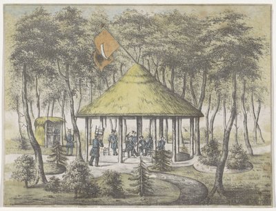 Tempel och trädgård i Boekel, 1831 Utsikt över templet och trädgården vid Boekel. Uppförd och konstruerad av pliktmilisen i staden Groningen. Som ett erkännande av det vänliga välkomnandet den 23 juni 1831 till sällskapets medlemmar som ett minne av Anonymous