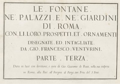 Titeltryck med inramad titel Le fontane ne palazzi e ne giardini di Roma (serietitel) Fontäner i Roms palats och trädgårdar (serietitel) av Anonymous