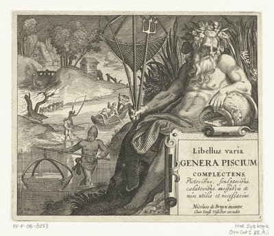 Titeltryck med titel och flodgud med treudd och fiskenät i ett landskap med fiskare Libelivs varia Genera piscium complectens (serietitel) Sötvattensfisk, havsfisk, grodor, kräftdjur och havsdjur (serietitel) av Anonymous