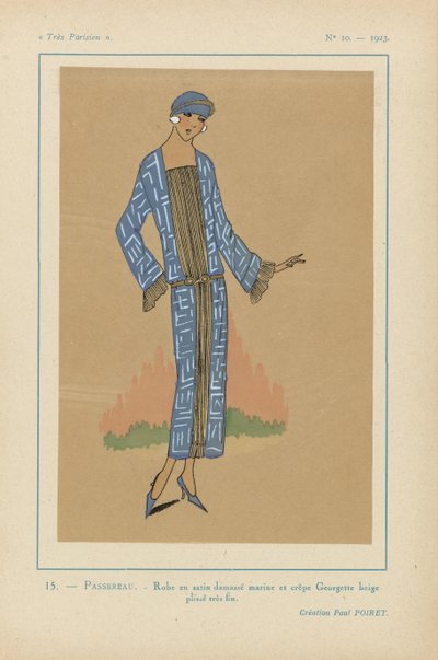 Mycket parisisk, 1923, nr 10: 15.- PASSEREAU. - Damast satinklänning... av Anonymous