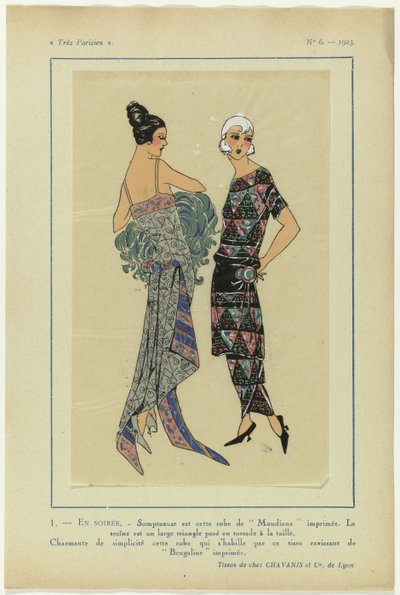 Mycket parisisk, 1923, nr 6: 1 - PÅ KVÄLLN. - Överdådig är den här klänningen... av Anonymous