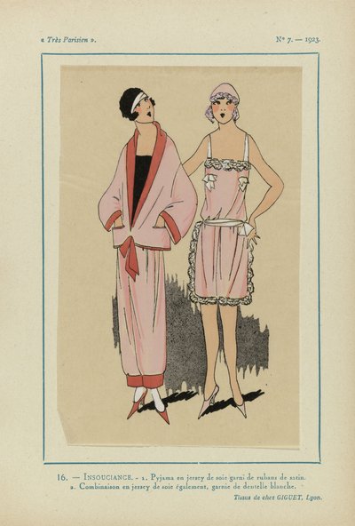Mycket parisisk, 1923, nr 7: 16.- FÖRSIKTIGHET. - 1. Pyjamas i sidenjersey... av Anonymous