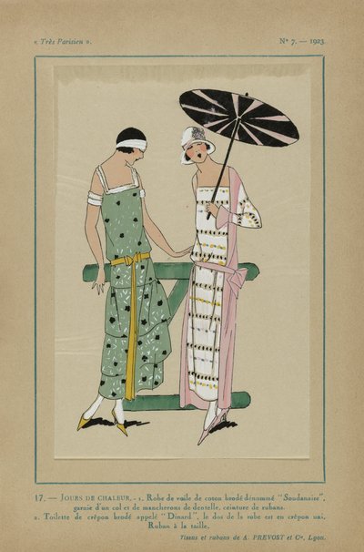 Mycket parisisk, 1923, nr 7: 17.- DAGAR AV HET. - 1. Klänning i bomullsvoile... av Anonymous