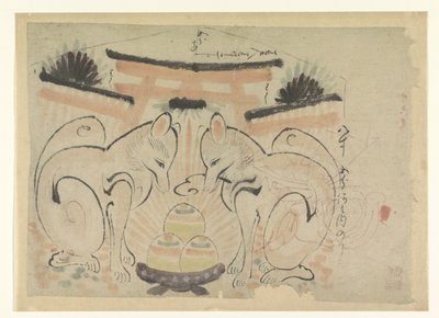 Två rävar vid ett japanskt tempel av Anonymous