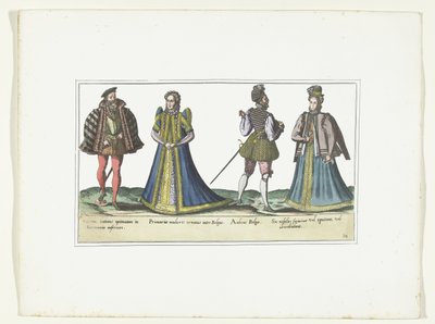 Två kvinnor och två män klädda enligt modet i Nordrhein-Westfalen och Flandern, ca 1580 Kostymer Bas-Allemands et Flamands (titel på objekt) av Anonymous