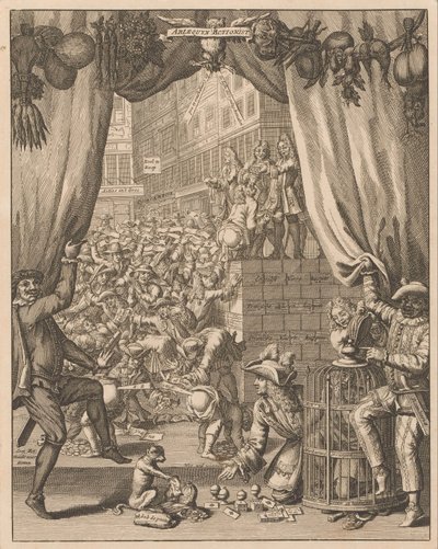 Förklaring av plattan Harlequin Actionist, 1720 Arlequyn Actionist (titel på objekt) Förklaring av Tytelplaat, för Arlequyn Actionist (titel på objekt) The Great Scene of Folly (serietitel) av Anonymous