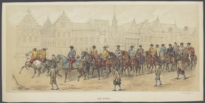 Utrechts maskerad, skylt a: adeln, 1856 Adeln. (titel på objekt) The Founders of Dutch Freedom, (tid av William I) presenterad av H.H. medlemmar av Utrecht studentkår, för att fira 220-årsjubileet av Utrechtsche Hooge av Anonymous
