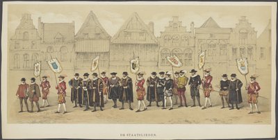 Utrecht Masquerade, plåt c: Statsmän, 1856 Statsmännen (titel på objekt) The Founders of Dutch Freedom, (tid av William I) presenterad av H.H. medlemmar av Utrecht studentkår, för att fira 220-årsjubileet av Utrecht University av Anonymous