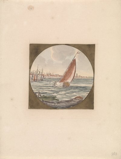 Segelbåt till havs och en slup i förgrunden Ships at Sea (serie B) (serietitel) av Anonymous