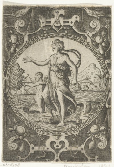 Venus och Amor Medaljonger med figurer från domen i Paris i en ram av beslag med girlanger (serietitel) av Anonymous