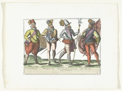 Fyra spanska soldater i uniform, ca 1580 Dräkter militära Espagnols (titel på objekt) av Anonymous