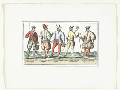 Fyra bönder klädda enligt dagens mode och en enligt gammalt mode, ca 1580 Modes rustiques (titel på objekt) av Anonymous