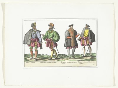 Fyra män klädda enligt tyskt mode, ca 1580 Kostymer Allemands (titel på objekt) av Anonymous