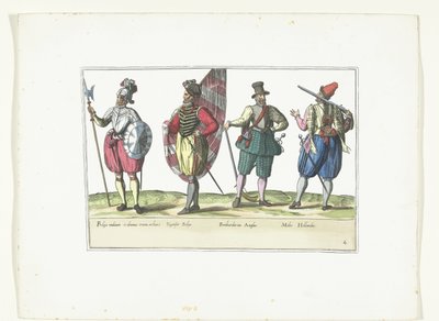 Fyra soldater i uniform enligt mode i Nederländerna och England, ca 1580 Costumes Militaires des Pays-Bas (titel på objekt) av Anonymous