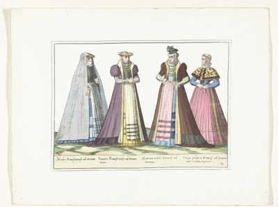 Fyra kvinnor klädda enligt tyskt mode i Frankfurt, ca 1580 Kostymer Allemands (titel på objekt) av Anonymous