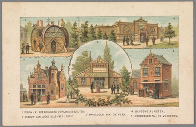 Fem paviljonger på världsutställningen i Amsterdam, 1883 1 Dryckeshall på bryggeriet De Haan & De Sleutels. 2 Byggnad av Lucas Bols - Het Loosie. 3 Tryck på Paviljong. 4 Konst. 5 De Voorzorg brödbageri. (titel på objekt) Påminnelse aa av Anonymous