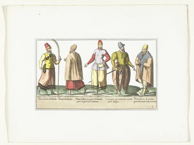 Fem sjömän klädda i mode från Nederländerna och Bretagne, ca 1580 Kostymer marins (titel på objekt) av Anonymous