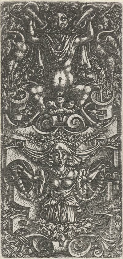 Kvinna med huvudduk och en krans med pärlstav framför en rullningskonstruktion Ytdekorationer med scrollwork grotesker (serietitel) av Anonymous