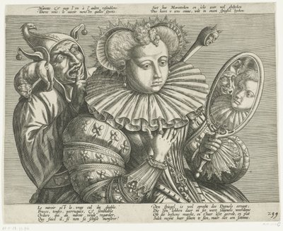 Kvinna med spegel och gycklare: tecknad film på den dyrbara styva ruffen, ca 1600 av Anonymous