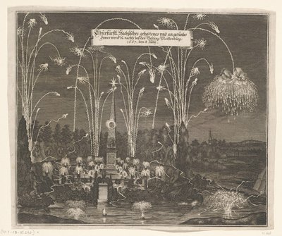 Fyrverkerier i Pleißenburg den 8 juli 1667 Churfürstl: Sachsisches gehaltenes und an gezentes Fewer werck zu nachts beij fästningen Pleissenburg, 1667, den 8 juli (titel på objektet) av Anonymous